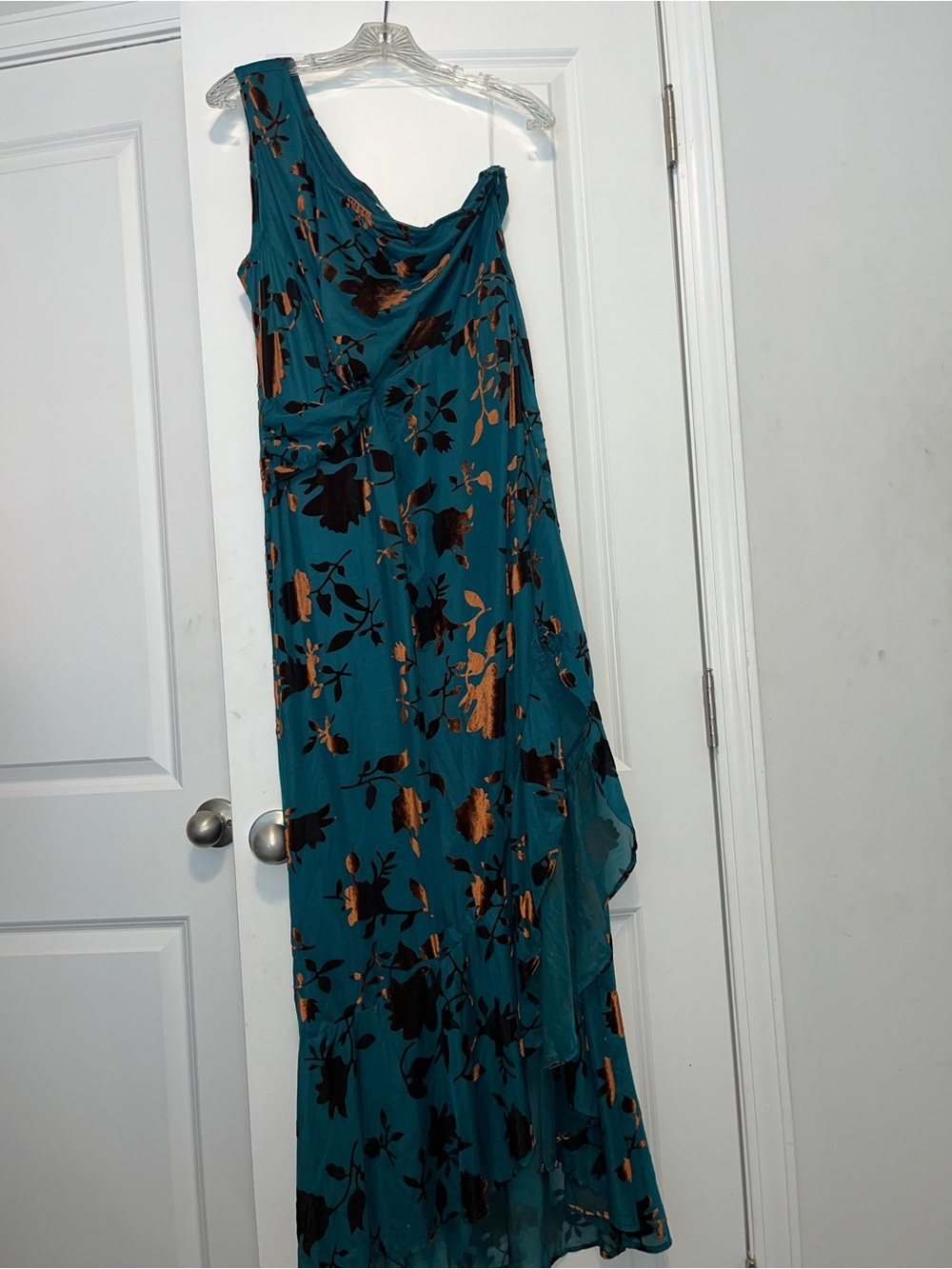 One-Shoulder Teal Floral Evening Dress